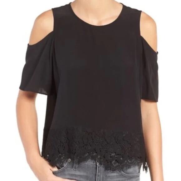 Madewell Women's Black Silk Lace Hem Cold Shoulder Blouse Top Size Small - Picture 1 of 9